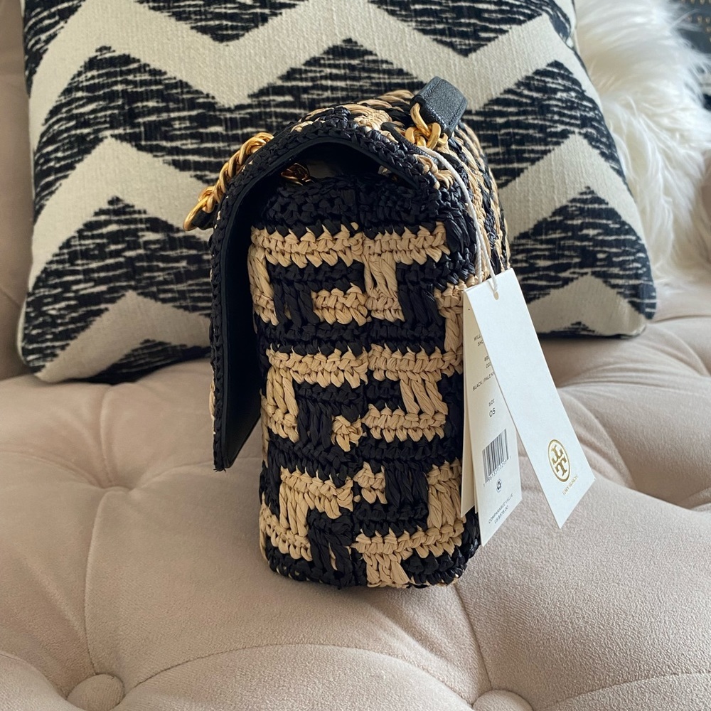 Tory Burch Willa Straw Small Shoulder Bag Black & Pale Khaki - Picture 4 of 14